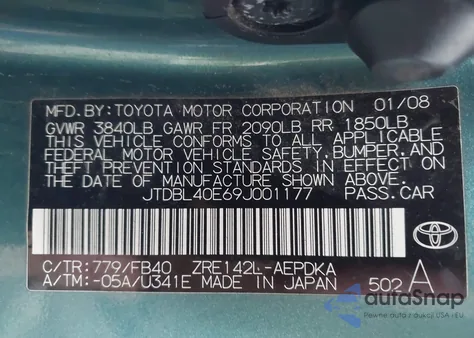 2009 Toyota Corolla Le/Xle z USA, uszkodzony, nr VIN JTDBL40E69J001177